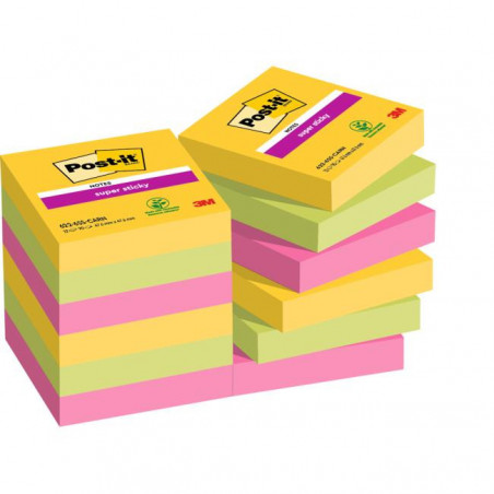 Bločky Post-it Super Sticky CARNIVAL, veľkosť 47,6 x 47,6 mm, 12 bločkov po 90 lístkov