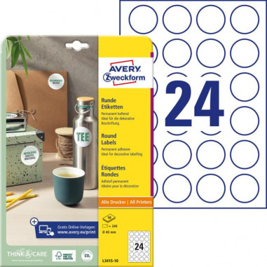 Etikety univerzálne kruhové 40mm Avery A4 10 hárkov
