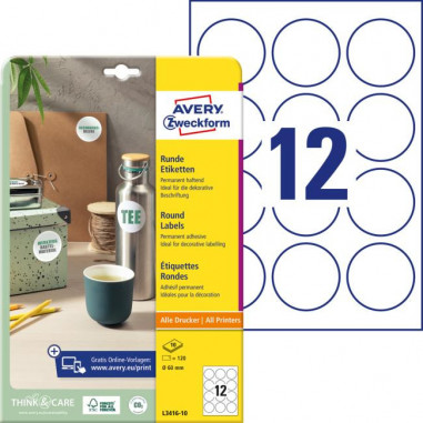 Etikety univerzálne kruhové 60mm Avery A4 10 hárkov