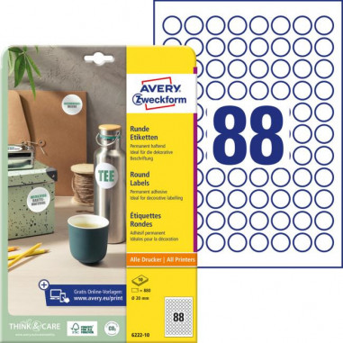 Etikety univerzálne kruhové 20mm Avery A4 10 hárkov
