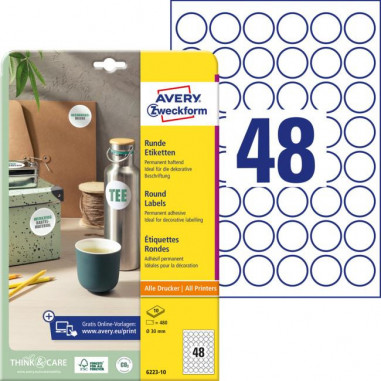 Etikety univerzálne kruhové 30mm Avery A4 10 hárkov