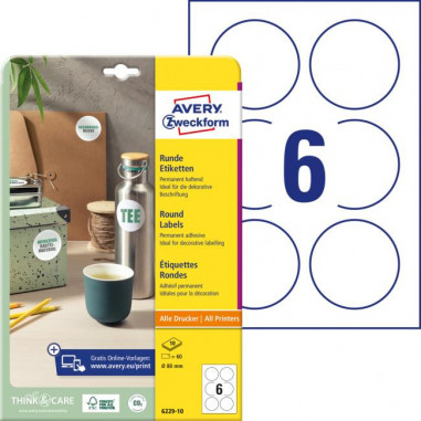Etikety univerzálne kruhové 80mm Avery A4 10 hárkov