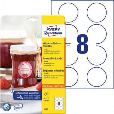 Etikety kruhové 65mm Avery 10 hárkov biele