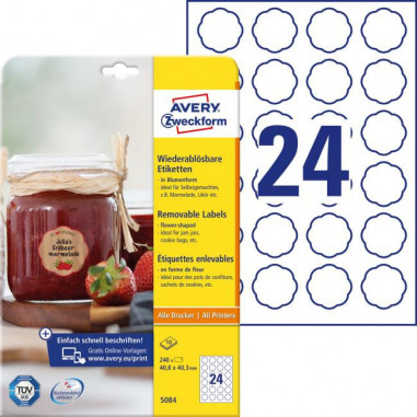 Etikety v tvare kvetu 40,8x40,3mm Avery 10 hárkov biele