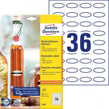 Etikety oválne 40x20mm Avery 10 hárkov biele
