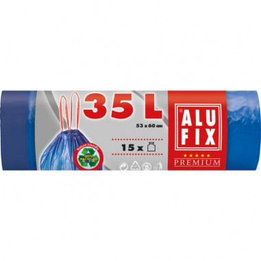 Vrecia na odpadky zaťahovacie, 35 l / 15 ks, 20my, 53 x 60 cm, modré, LDPE
