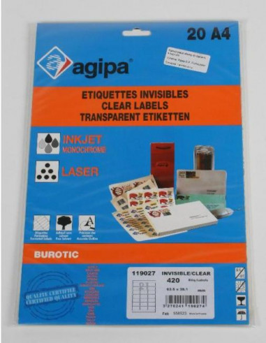 Etikety polyesterové priehľadné 63,5x38,1mm Agipa A4 laser 20 hárkov