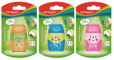 Strúhadlo KEYROAD Hello plastové s dvomi otvormi, gumou blister mix farieb