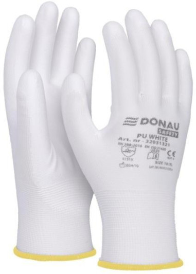Rukavice pletené, polomáčané DONAU SAFETY PU kat. II biele veľ. 8