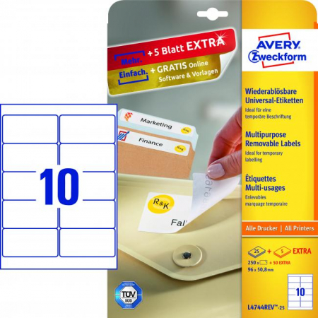 Etikety univerzálne odnímateľné 96x50,8mm Avery A4 25+5 hárkov Etikety univerzálne odnímateľné 96x50,8mm Avery A4 25+5 hárkov