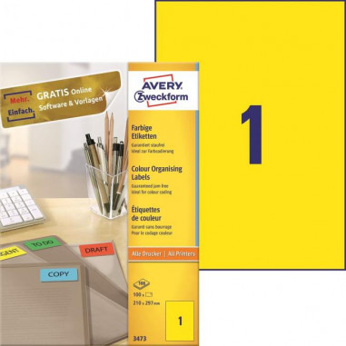 Etikety farebné 210x297mm Avery A4 100 hárkov žlté