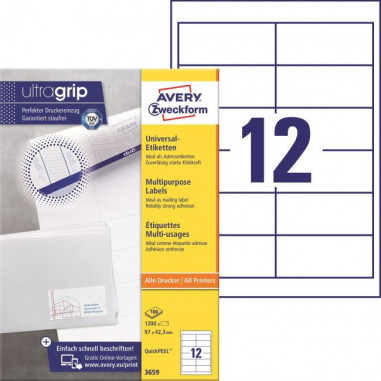 Etikety univerzálne 97x42,3mm Avery A4 100 hárkov