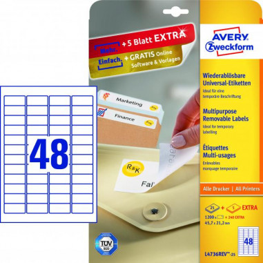 Etikety univerzálne odnímateľné 45,7x21,2mm Avery A4 25+5 hárkov