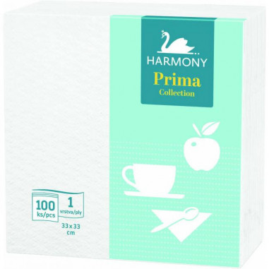 Papierové servítky 1-vrstvové HARMONY Prima 33 x 33 cm biele 100 kusov