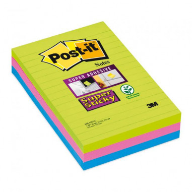 Bloček Post-it Super Sticky 101 mm x 152 mm XXL, dúhové farby, linajkové, 3 bločky po 90 lístkov